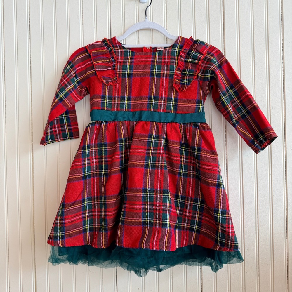 HUALISI Red Plaid Festive Dress Girls Size 110 Green Bow Tulle